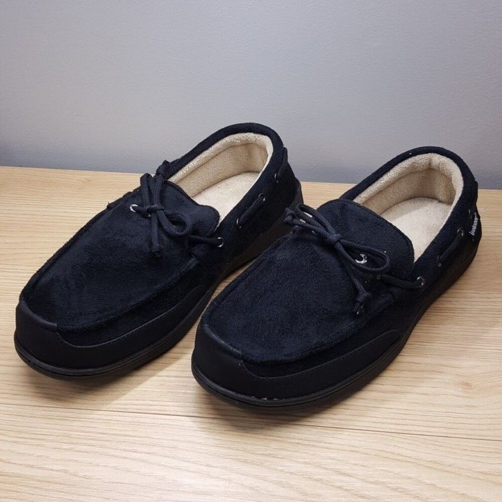 ISOTONER Slippers Mens Size 8 9 Black Slip On Plush Lined Gel Memory Foam